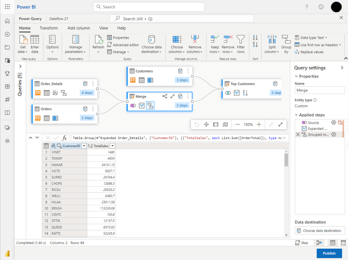 データフロー エクスペリエンスを示す Power BI ユーザー インターフェイスのスクリーンショット。